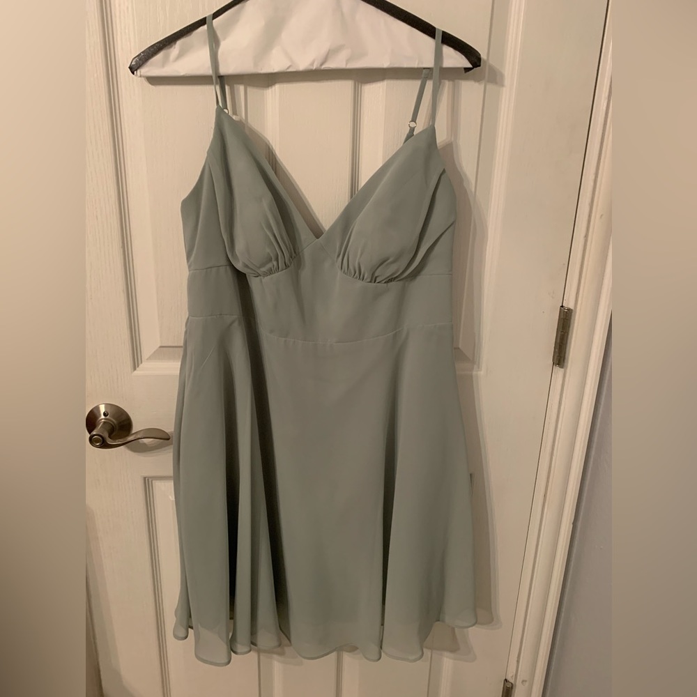 Azazie, Sage green bridesmaid’s dress. Worn once and professionally cleaned.